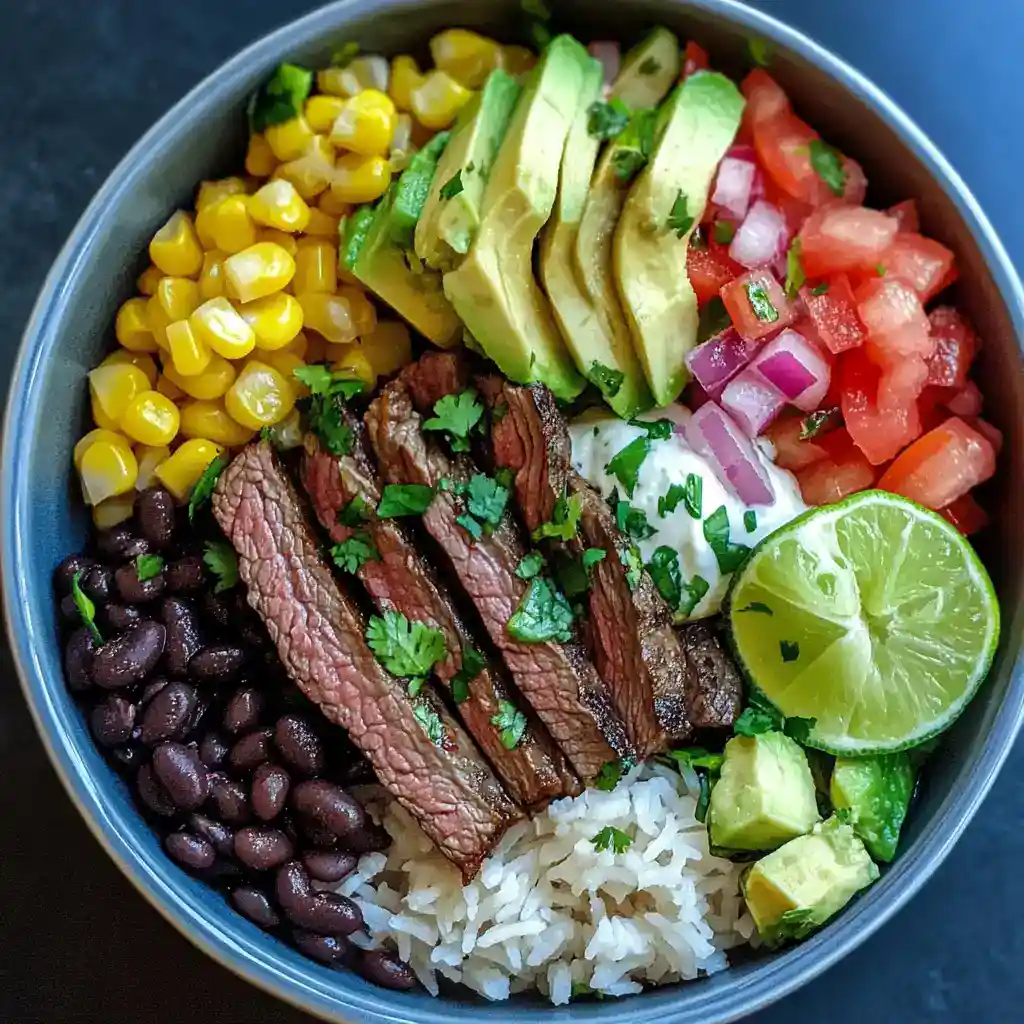 Fresh Mexican-inspired beef bowl with rice, black beans, corn, avocado, tomato salsa, and lime, perfect for healthy meal prep, easy dinner, or lunch. Packed with flavors and nutritious ingredients.