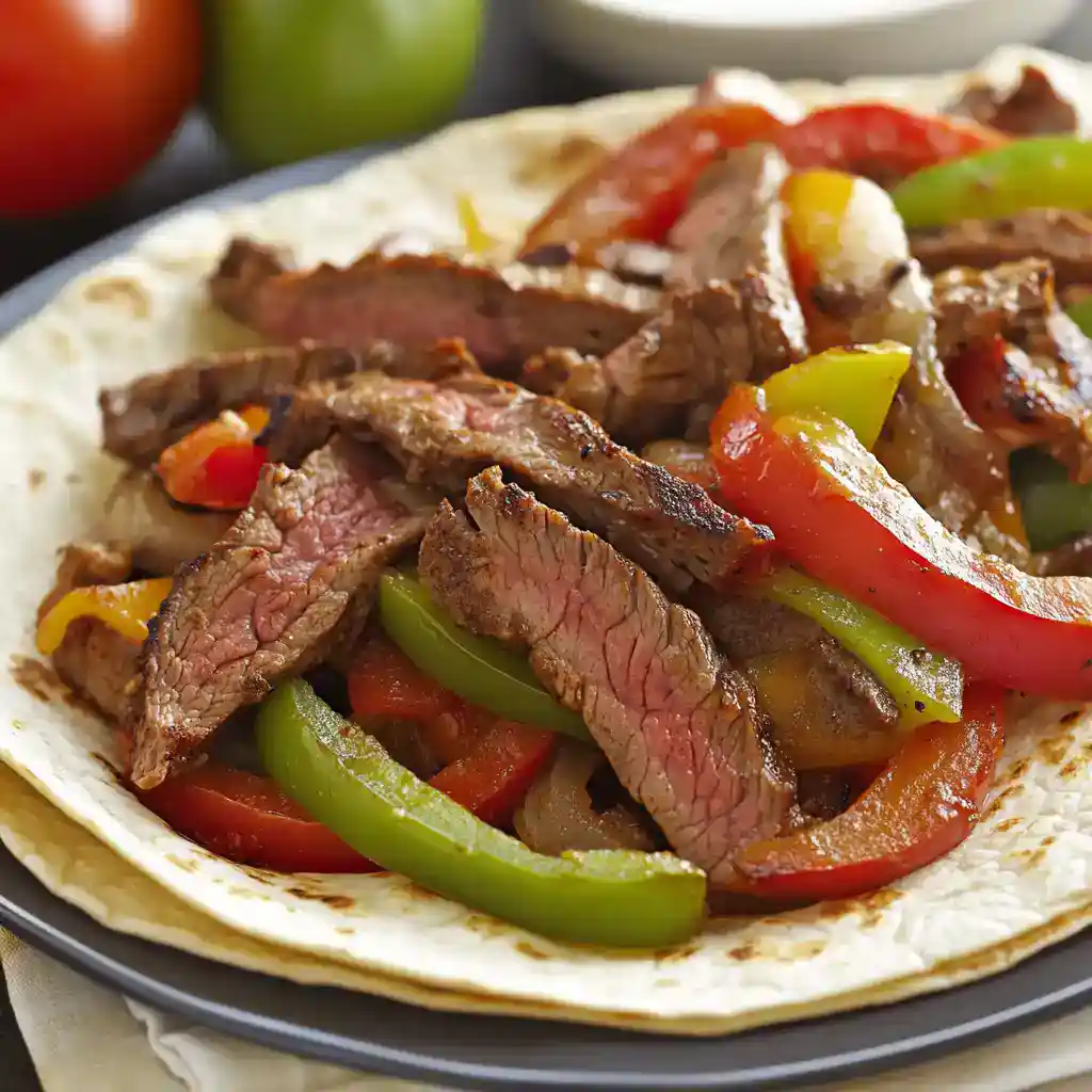 Juicy grilled steak with vibrant peppers on a warm tortilla, perfect for a quick and flavorful meal. Easy homemade recipe for delicious steak fajitas.