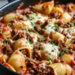 Delicious baked pasta stuffed with seasoned ground beef, tomato sauce, and melted cheese, garnished with fresh herbs for a comforting meal. Perfect for family dinners and easy to prepare.