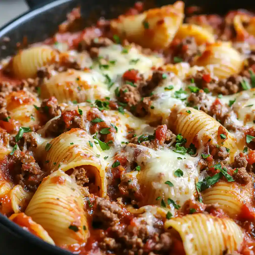Delicious baked pasta stuffed with seasoned ground beef, tomato sauce, and melted cheese, garnished with fresh herbs for a comforting meal. Perfect for family dinners and easy to prepare.