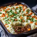 Hearty homemade shepherd's pie with ground beef, mixed vegetables, mashed potatoes, and savory gravy, baked to perfection. Easy comfort food dinner idea, perfect for family meals.