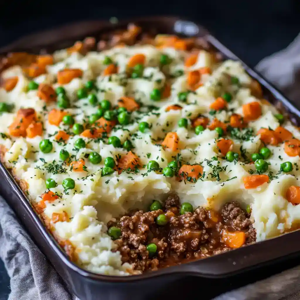 Hearty homemade shepherd's pie with ground beef, mixed vegetables, mashed potatoes, and savory gravy, baked to perfection. Easy comfort food dinner idea, perfect for family meals.