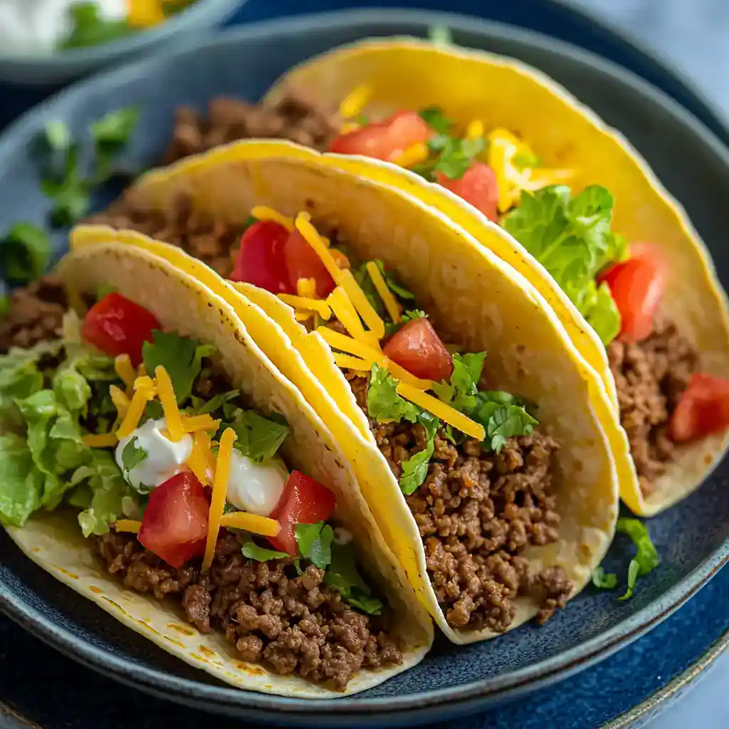 Delicious beef tacos loaded with fresh vegetables, cheese, and sour cream, perfect for any meal or family dinner. Easy to prepare and full of flavor.