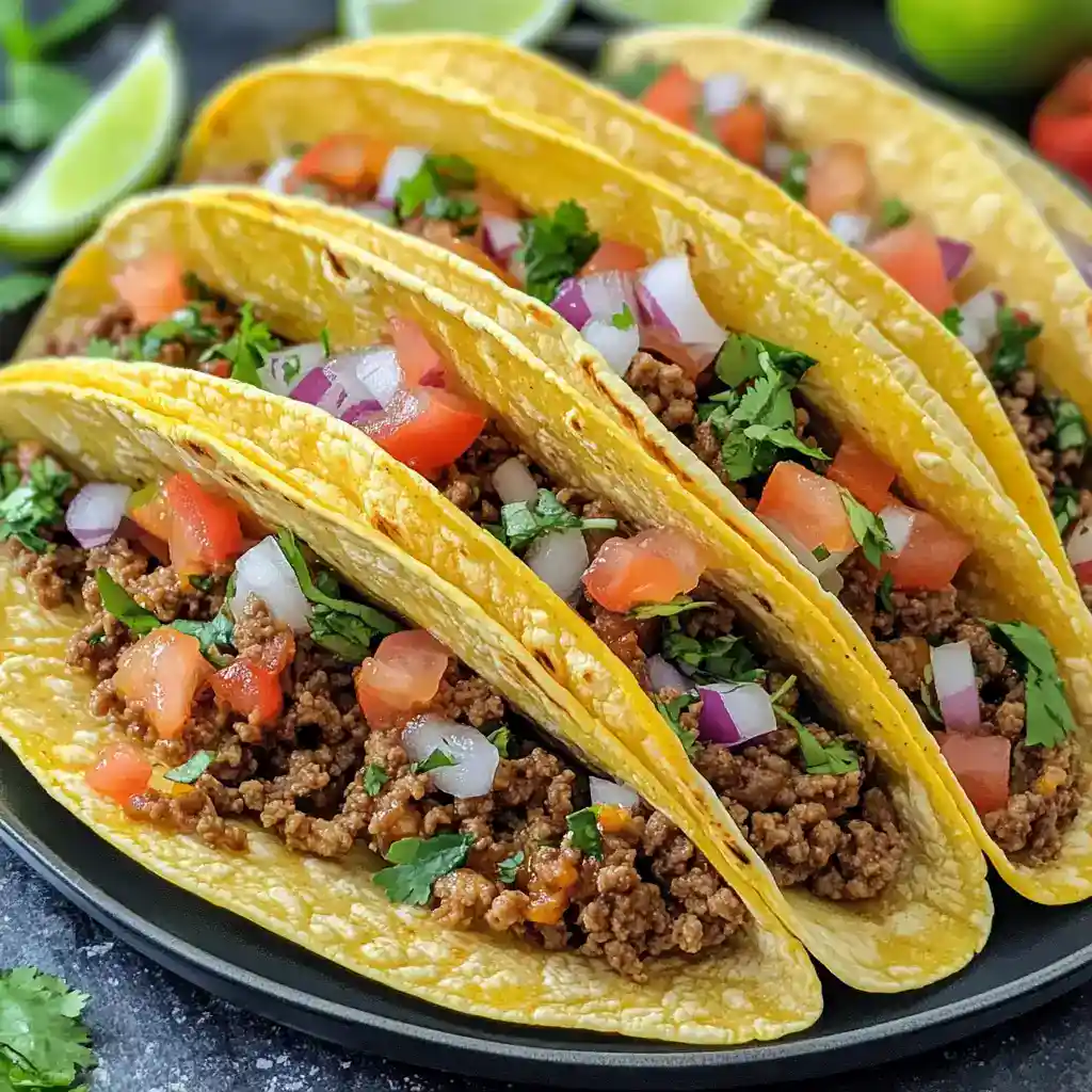 Delicious beef tacos with fresh chopped tomatoes, onions, cilantro, and seasoned ground beef in crispy taco shells. Perfect for quick, authentic Mexican dinner or snack.