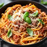 Delicious homemade spaghetti Bolognese with rich tomato sauce, seasoned ground beef, and fresh basil garnished on top for a classic Italian meal. Perfect for family dinners and easy weeknight recipes.