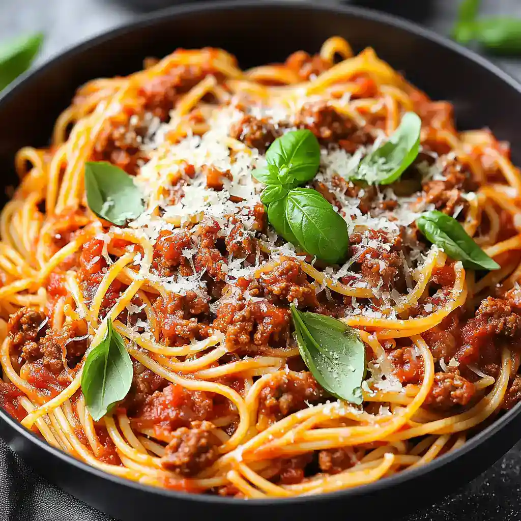Delicious homemade spaghetti Bolognese with rich tomato sauce, seasoned ground beef, and fresh basil garnished on top for a classic Italian meal. Perfect for family dinners and easy weeknight recipes.
