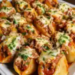 Creamy baked pasta shells filled with ground beef, marinara sauce, melted cheese, and fresh herbs, perfect for family dinners and comfort food.