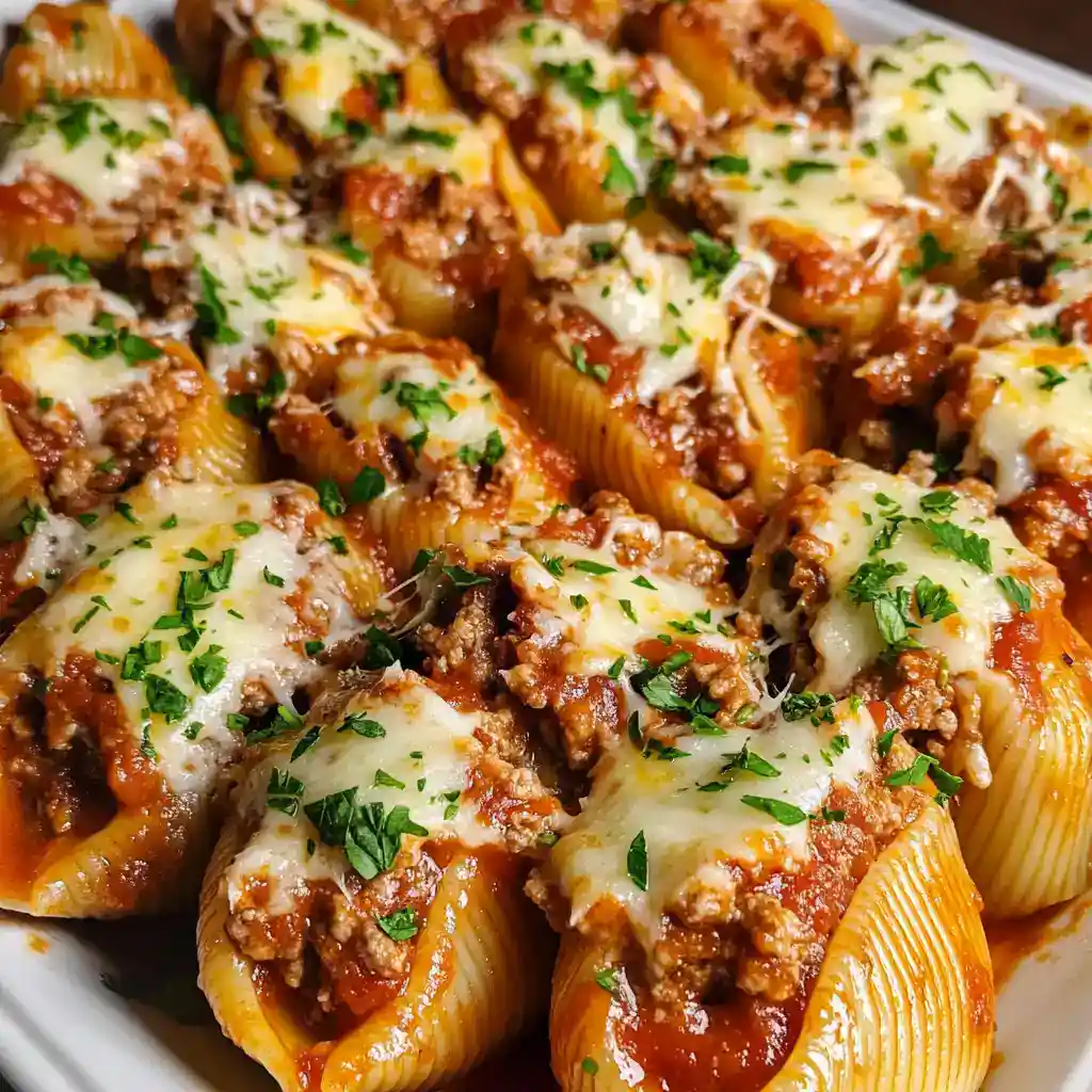Creamy baked pasta shells filled with ground beef, marinara sauce, melted cheese, and fresh herbs, perfect for family dinners and comfort food.
