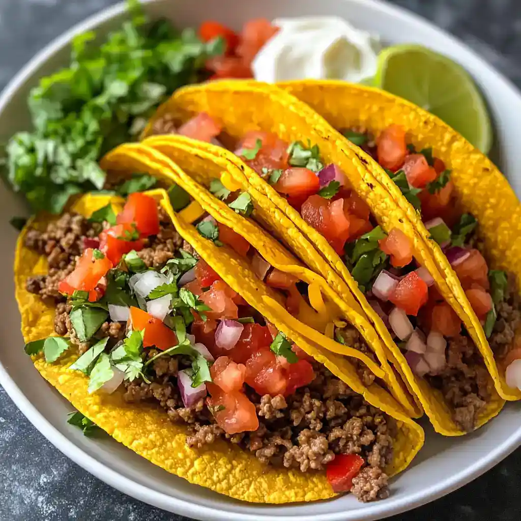 Vibrant beef tacos topped with fresh tomatoes, onions, cilantro, and melted cheese served with lime wedges and side salads. Perfect for a quick, flavorful meal.