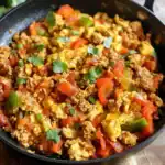 Brightly colored stir-fry with ground meat, bell peppers, tomatoes, and scrambled eggs garnished with cilantro, perfect for tacos or wraps.