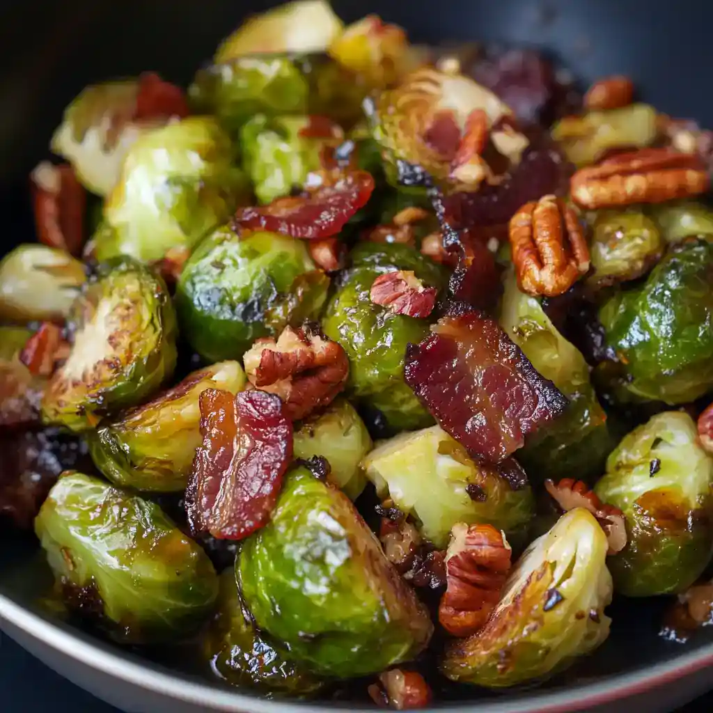 Delicious roasted Brussels sprouts topped with crispy bacon and toasted pecans, perfect for a healthy side dish or appetizer. Easy to prepare and full of flavor.