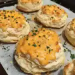 Delicious homemade biscuits topped with melted cheddar cheese and garnished with fresh parsley, perfect for breakfast or savory snacks.