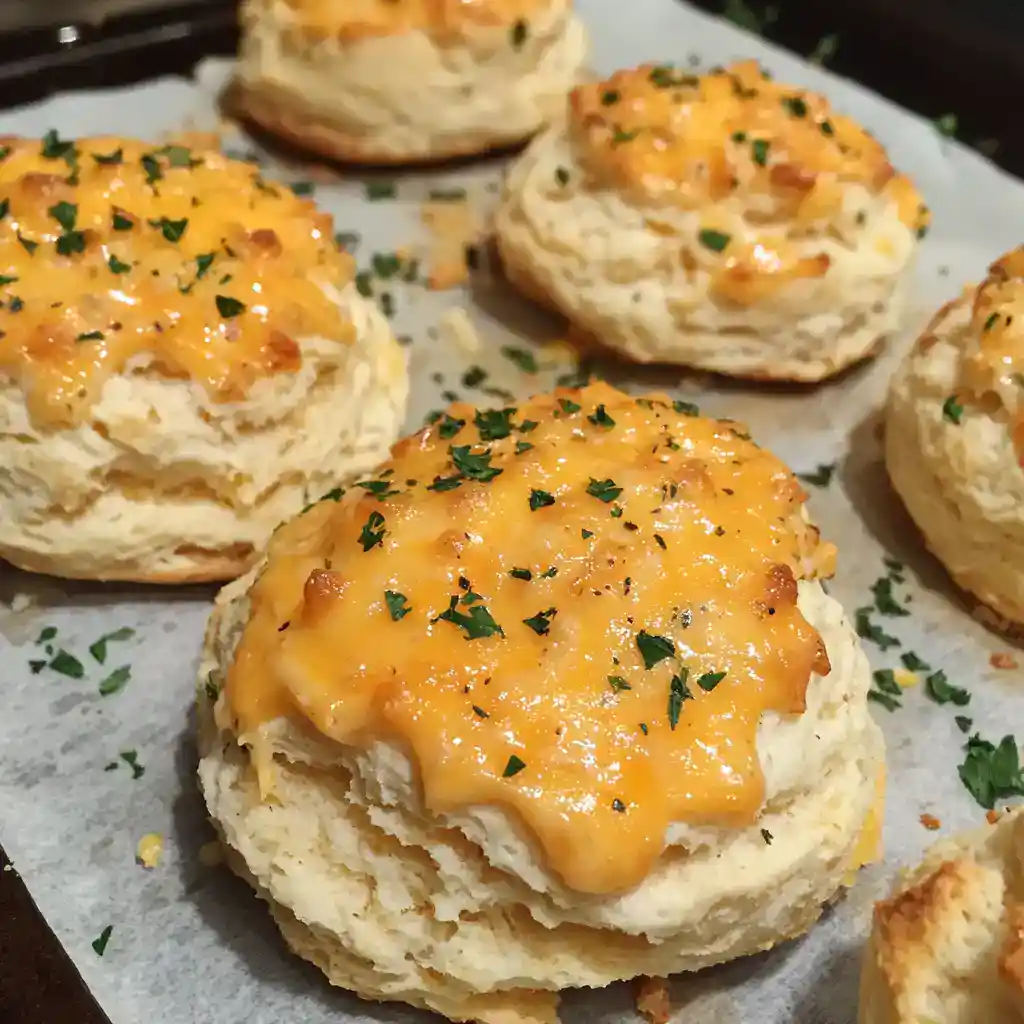 Delicious homemade biscuits topped with melted cheddar cheese and garnished with fresh parsley, perfect for breakfast or savory snacks.