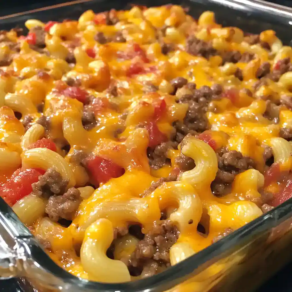 Delicious baked pasta casserole with seasoned ground beef, melted cheddar cheese, and fresh tomatoes, perfect for a quick family dinner.