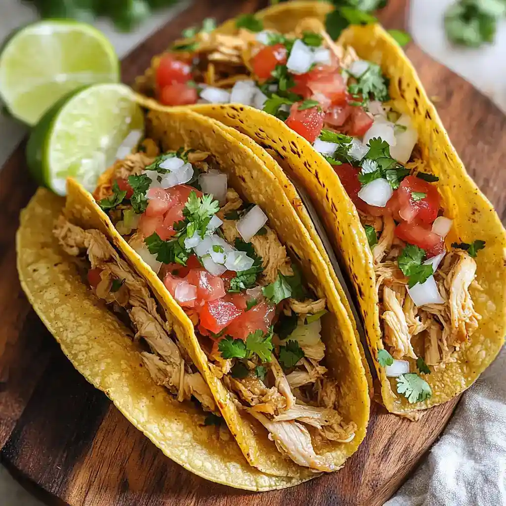 Delicious shredded chicken tacos topped with fresh pico de gallo, cilantro, and onions, served with lime wedges, perfect for quick, flavorful Mexican-inspired meals.