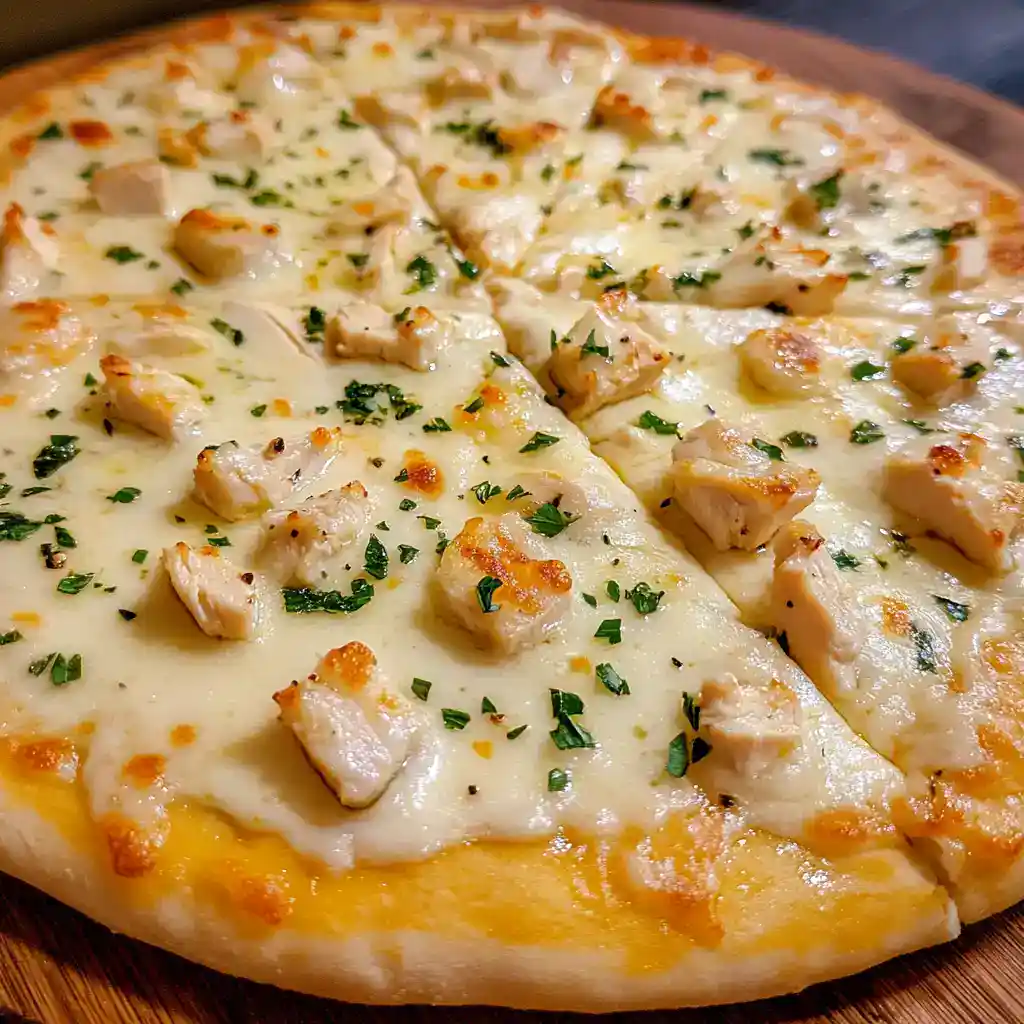 Delicious homemade chicken and cheese pizza topped with fresh herbs, perfect for any meal. Easy to make with your favorite ingredients for a tasty, comforting treat.