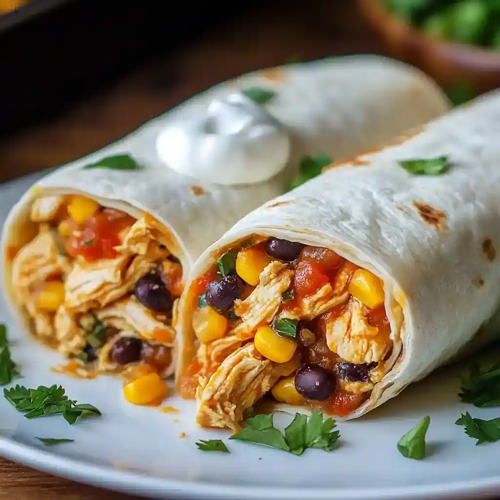 Delicious chicken burrito wraps filled with corn, black beans, and fresh ingredients, served with a dollop of sour cream, perfect for quick and tasty meals.