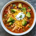 Delicious homemade chicken chili soup with avocado, shredded chicken, melted cheese, beans, and fresh cilantro in a savory tomato broth. Perfect for cozying up and enjoying comforting flavors.