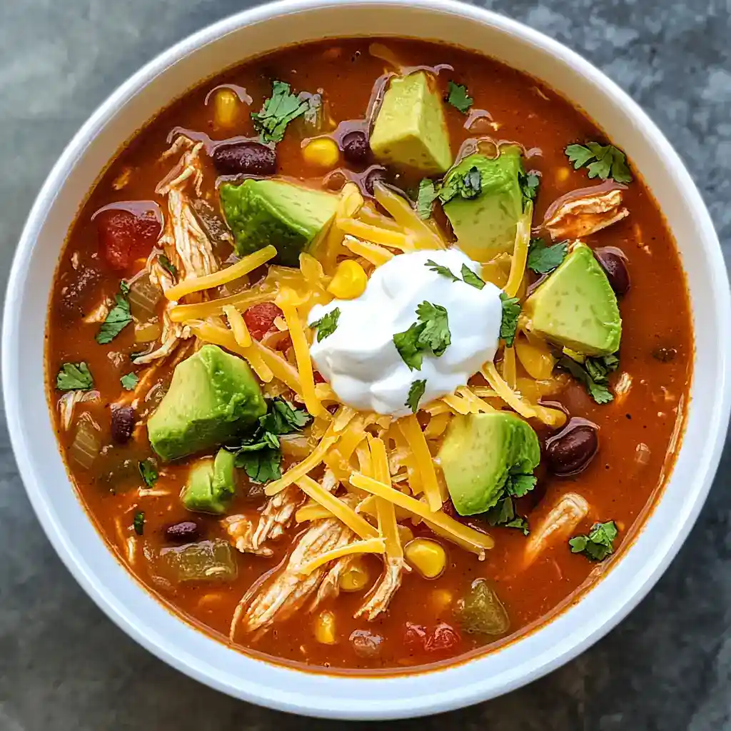Delicious homemade chicken chili soup with avocado, shredded chicken, melted cheese, beans, and fresh cilantro in a savory tomato broth. Perfect for cozying up and enjoying comforting flavors.