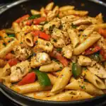 A delicious skillet meal featuring tender chicken, colorful bell peppers, and whole wheat penne pasta in a flavorful creamy sauce. Perfect for quick weeknight dinners from Station Recipes.
