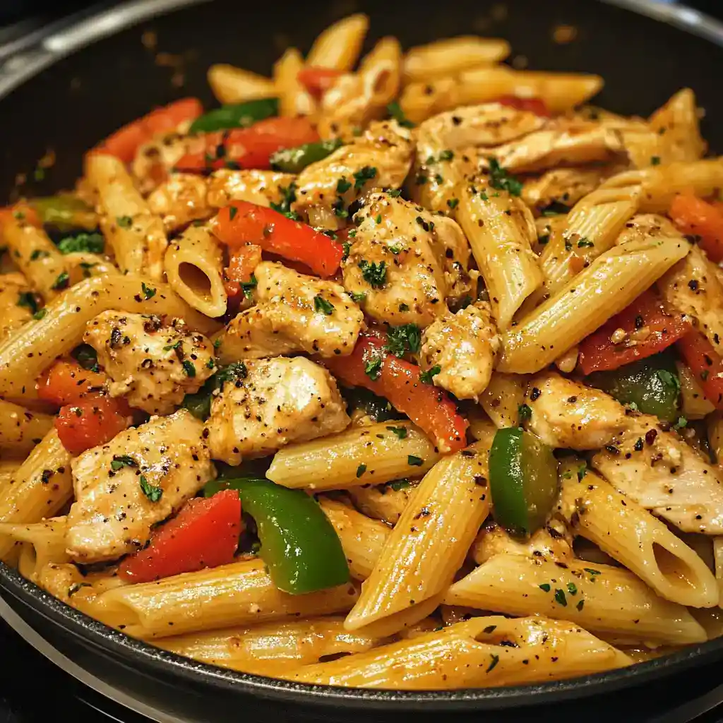 A delicious skillet meal featuring tender chicken, colorful bell peppers, and whole wheat penne pasta in a flavorful creamy sauce. Perfect for quick weeknight dinners from Station Recipes.