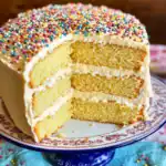 Delicious vanilla layer cake topped with colorful sprinkles, perfect for birthdays and celebrations, featuring fluffy sponge and creamy frosting for a delightful dessert experience.