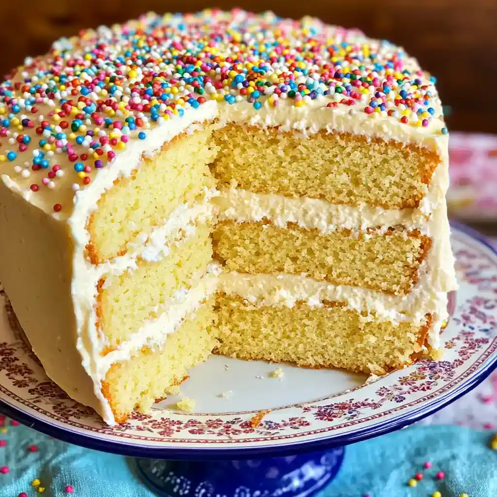 Delicious vanilla layer cake topped with colorful sprinkles, perfect for birthdays and celebrations, featuring fluffy sponge and creamy frosting for a delightful dessert experience.