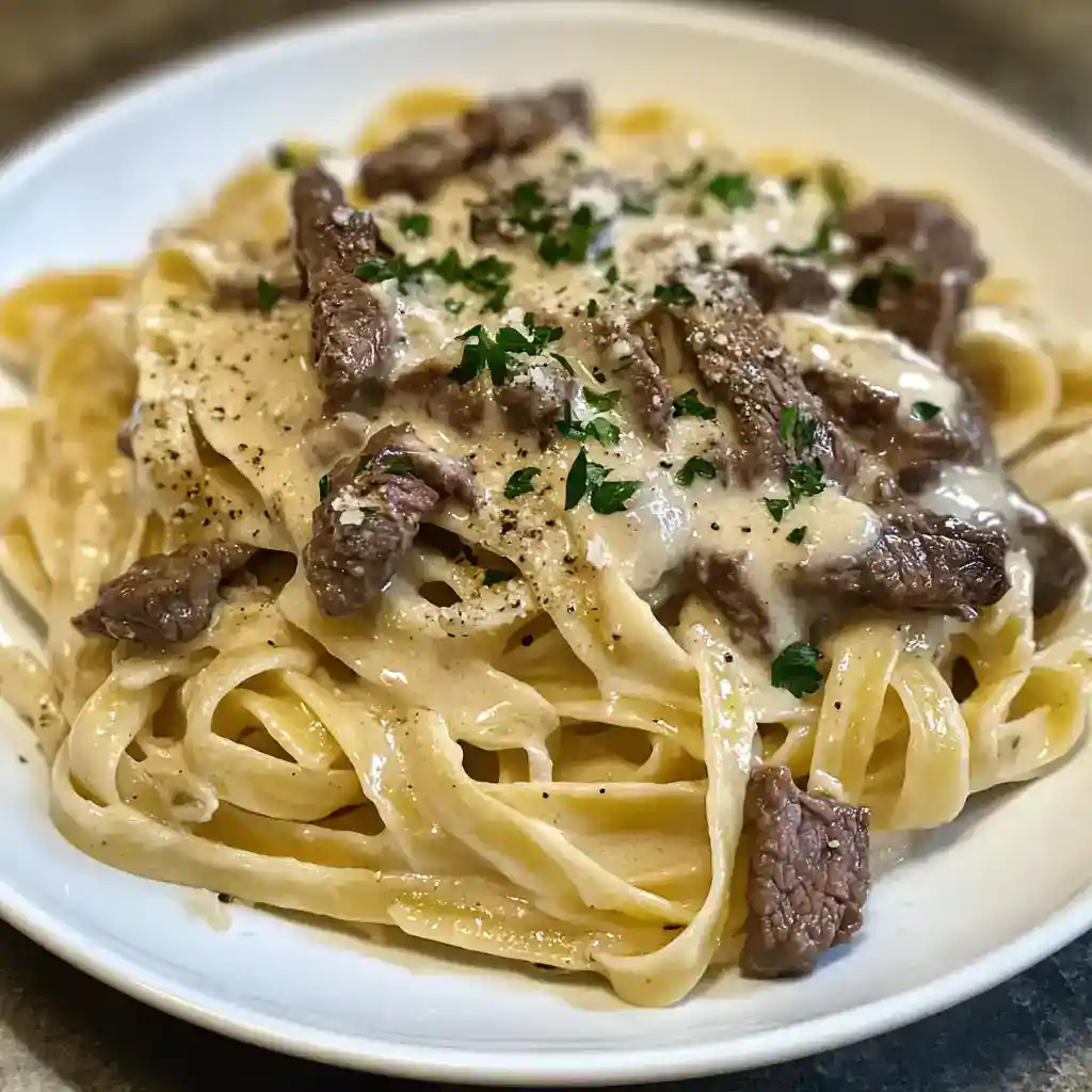 Creamy beef stroganoff with tender beef strips and mushrooms over fettuccine pasta. A hearty, comforting dish perfect for dinner, topped with fresh parsley and a drizzle of sour cream.