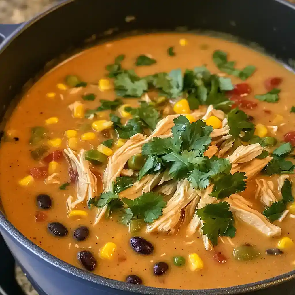 Hearty chicken chili soup with colorful vegetables, black beans, corn, and fresh cilantro topping, perfect for a comforting meal.