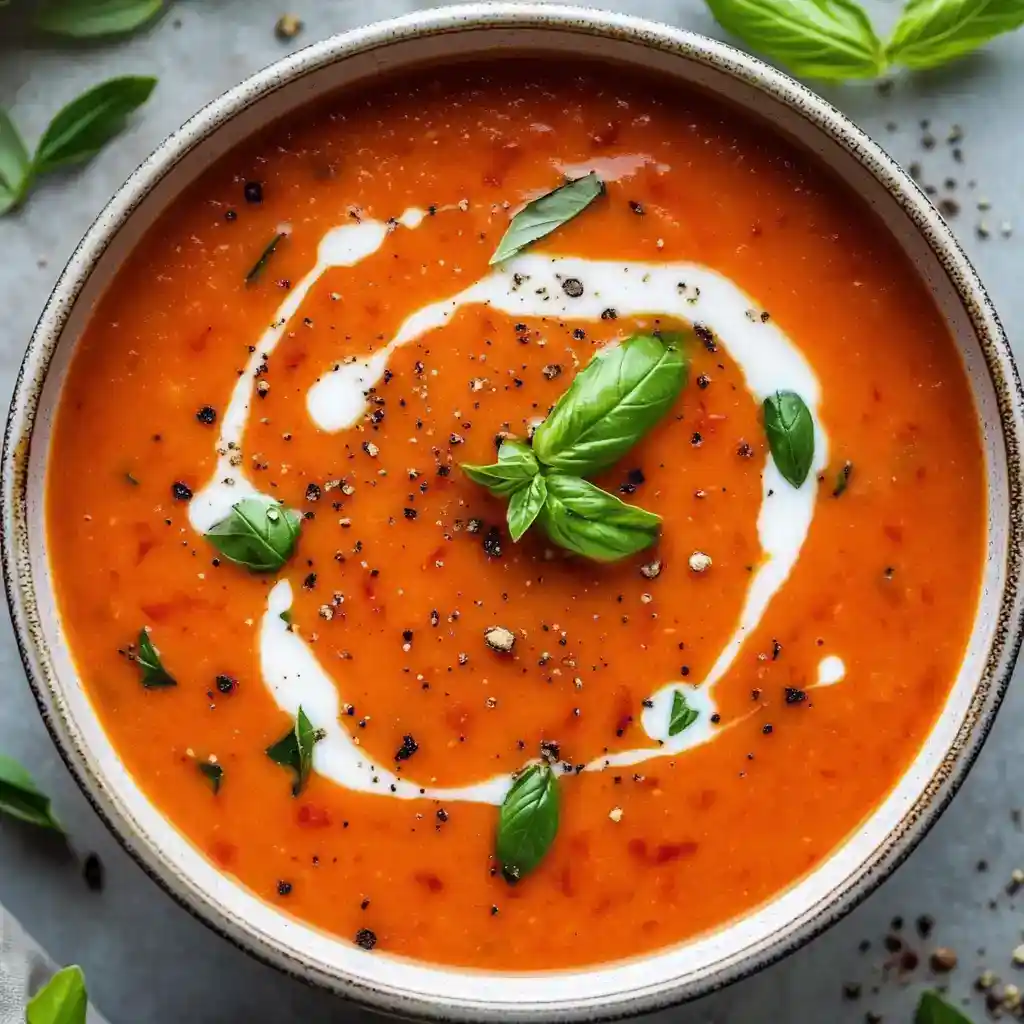 Delicious homemade tomato soup garnished with basil leaves, black pepper, and cream swirl, perfect for cozy meals and healthy eating. Easy to make with fresh ingredients for a comforting dish.