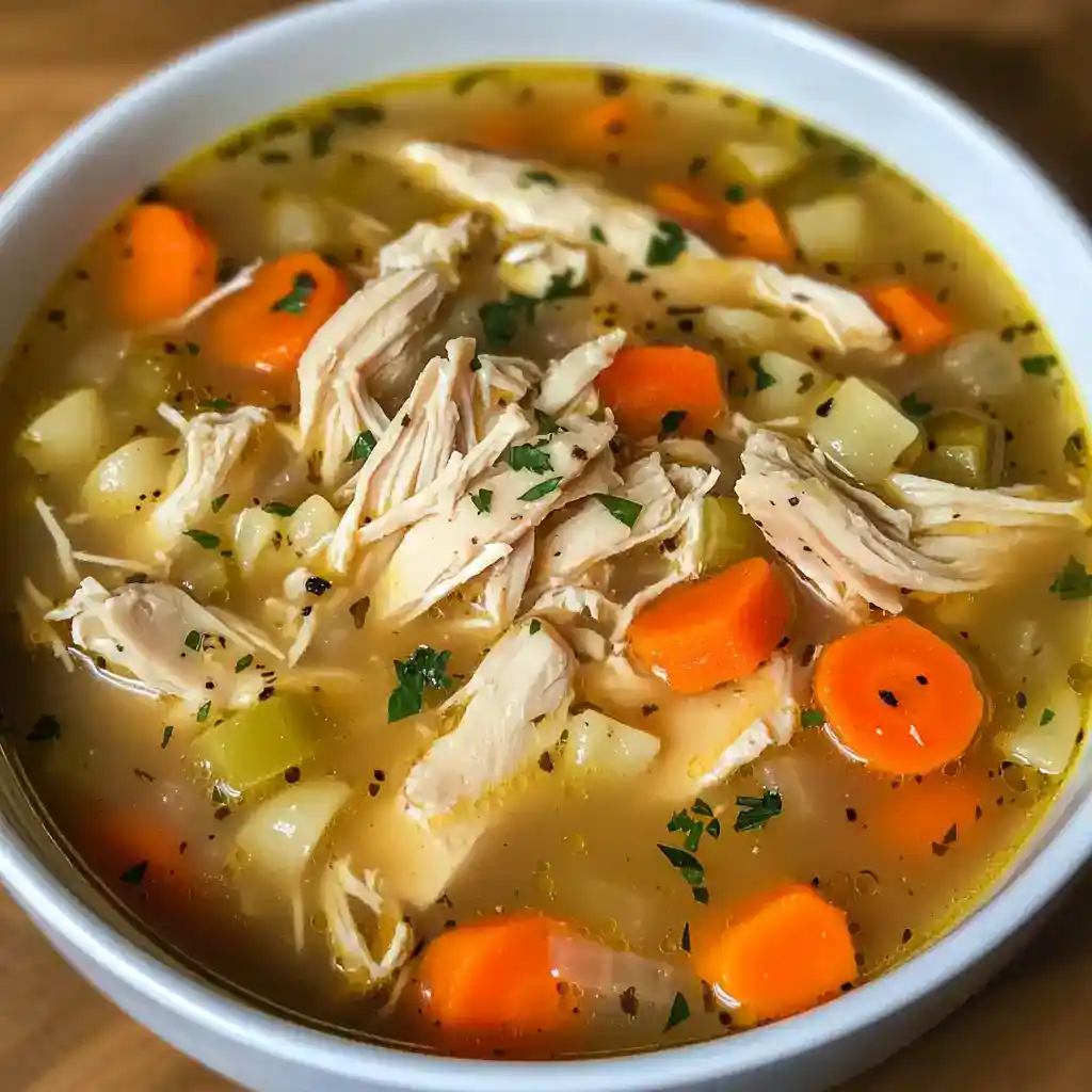 Comforting homemade chicken soup with tender shredded chicken, carrots, celery, potatoes, and fresh herbs in a flavorful broth. Perfect for chilly days or when you're feeling under the weather.
