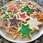 Colorful star-shaped holiday cookies with icing and sprinkles, perfect for Christmas celebrations and cookie decorating. Easy to make and ideal for holiday festivities.