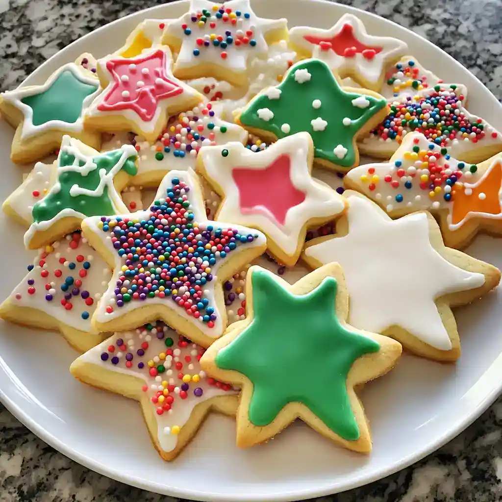 Colorful star-shaped holiday cookies with icing and sprinkles, perfect for Christmas celebrations and cookie decorating. Easy to make and ideal for holiday festivities.