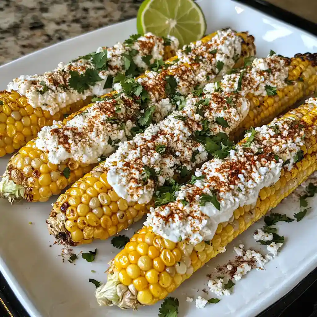 Fresh grilled corn on the cob topped with cotija cheese, chili powder, lime, and cilantro. A popular Mexican street food recipe perfect for summer cookouts and parties.