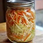 A jar of homemade fermented cabbage and vegetables, including shredded cabbage, carrots, and spices, ready for probiotic fermentation.