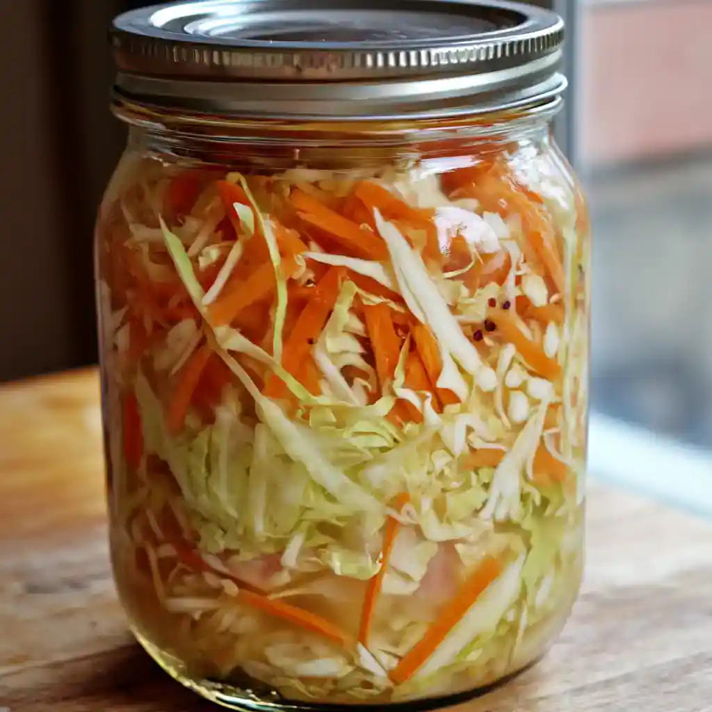 A jar of homemade fermented cabbage and vegetables, including shredded cabbage, carrots, and spices, ready for probiotic fermentation.