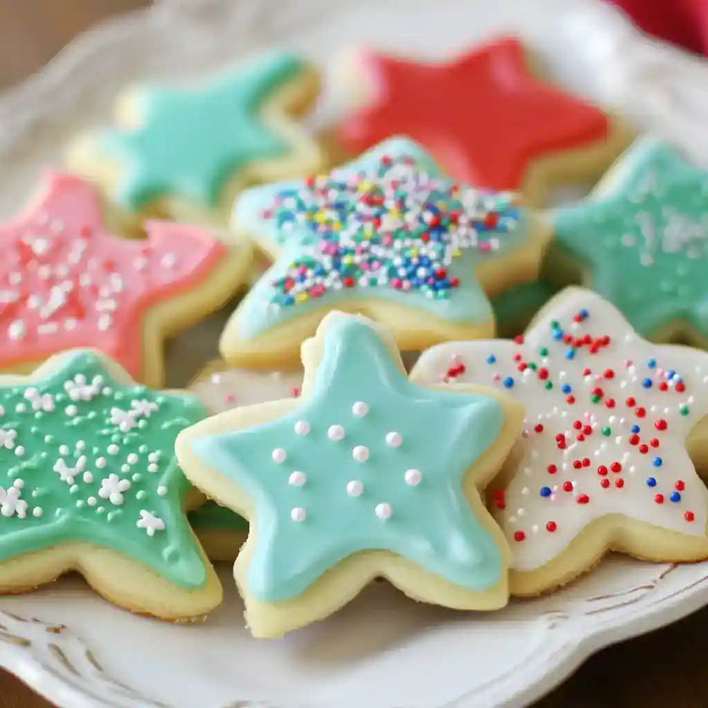 Decorated holiday sugar cookies with colorful icing and sprinkles on a vintage plate. Perfect for Christmas, birthdays, and celebrations, these easy homemade cookies are delicious and fun to decorate.