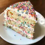 Bright, festive celebration cake topped with rainbow sprinkles and fluffy white frosting for birthday parties and special occasions. Perfect for baking enthusiasts and dessert lovers.