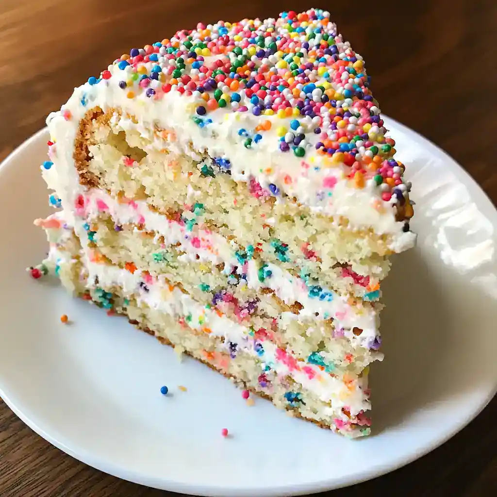 Bright, festive celebration cake topped with rainbow sprinkles and fluffy white frosting for birthday parties and special occasions. Perfect for baking enthusiasts and dessert lovers.