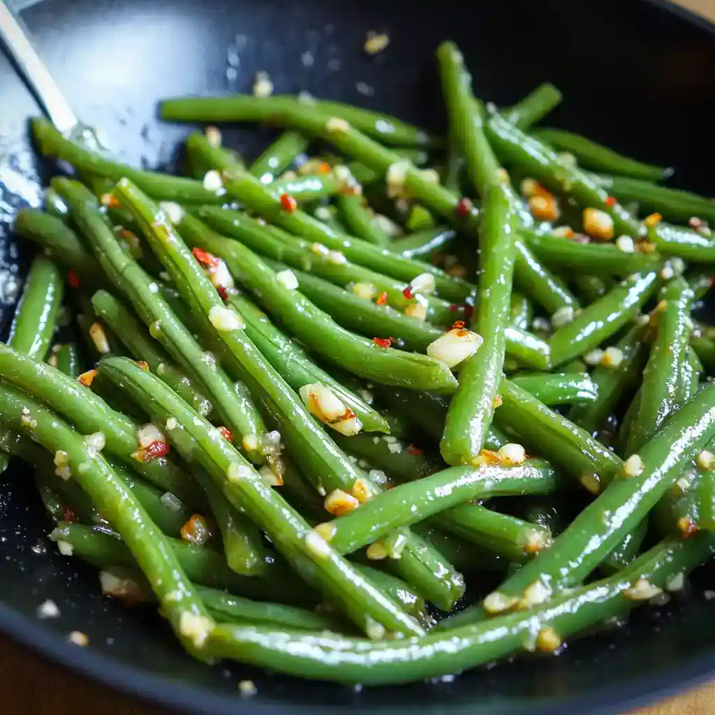 Fresh green beans sautéed with garlic, red pepper flakes, and olive oil, creating a flavorful and healthy side dish perfect for any meal.