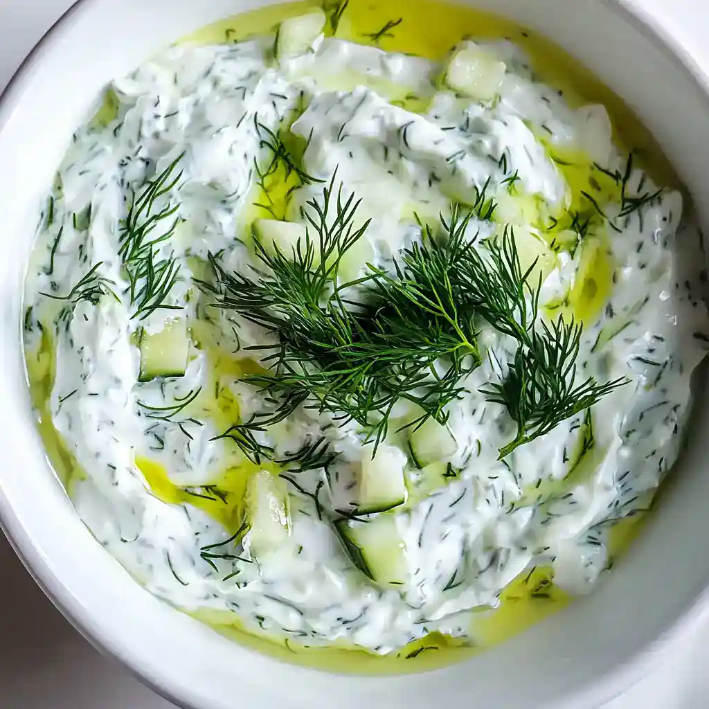Delicious creamy cucumber and dill yogurt dip garnished with fresh dill and a drizzle of olive oil, perfect for snacks or appetizers.