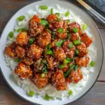 Delicious sweet and sour chicken served over fluffy white rice, topped with chopped green onions and sesame seeds, perfect for dinner or lunch.
