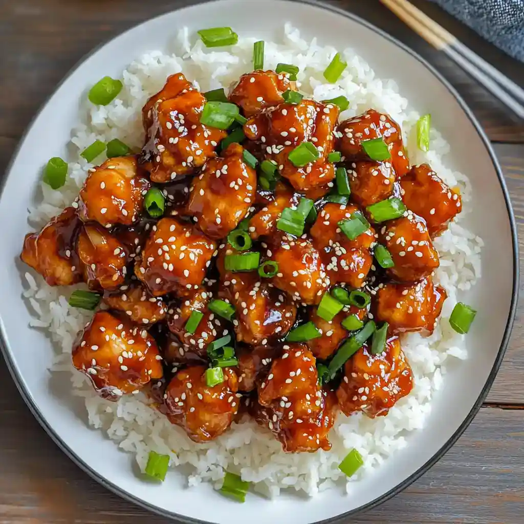 Delicious sweet and sour chicken served over fluffy white rice, topped with chopped green onions and sesame seeds, perfect for dinner or lunch.
