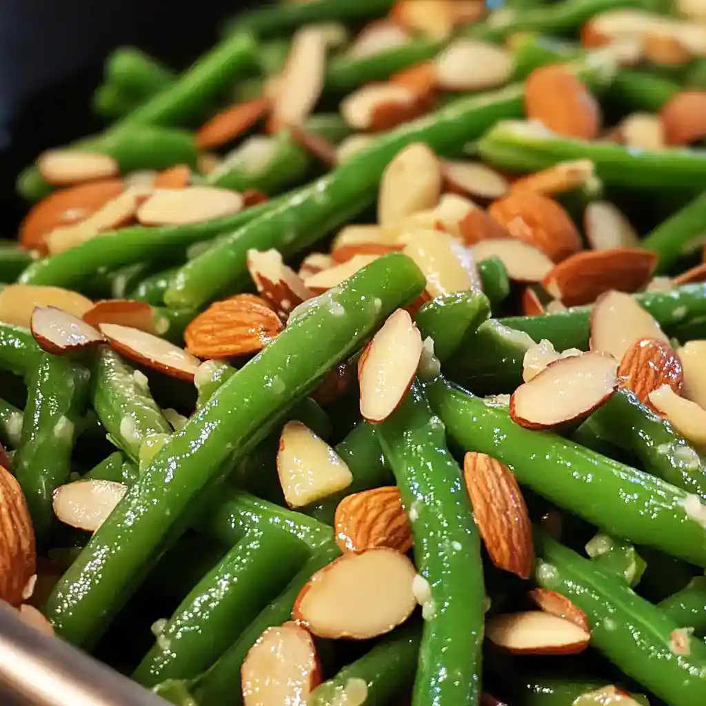 Delicious freshly cooked green beans topped with toasted almonds and garlic, perfect for healthy side dishes or meal prep ideas.