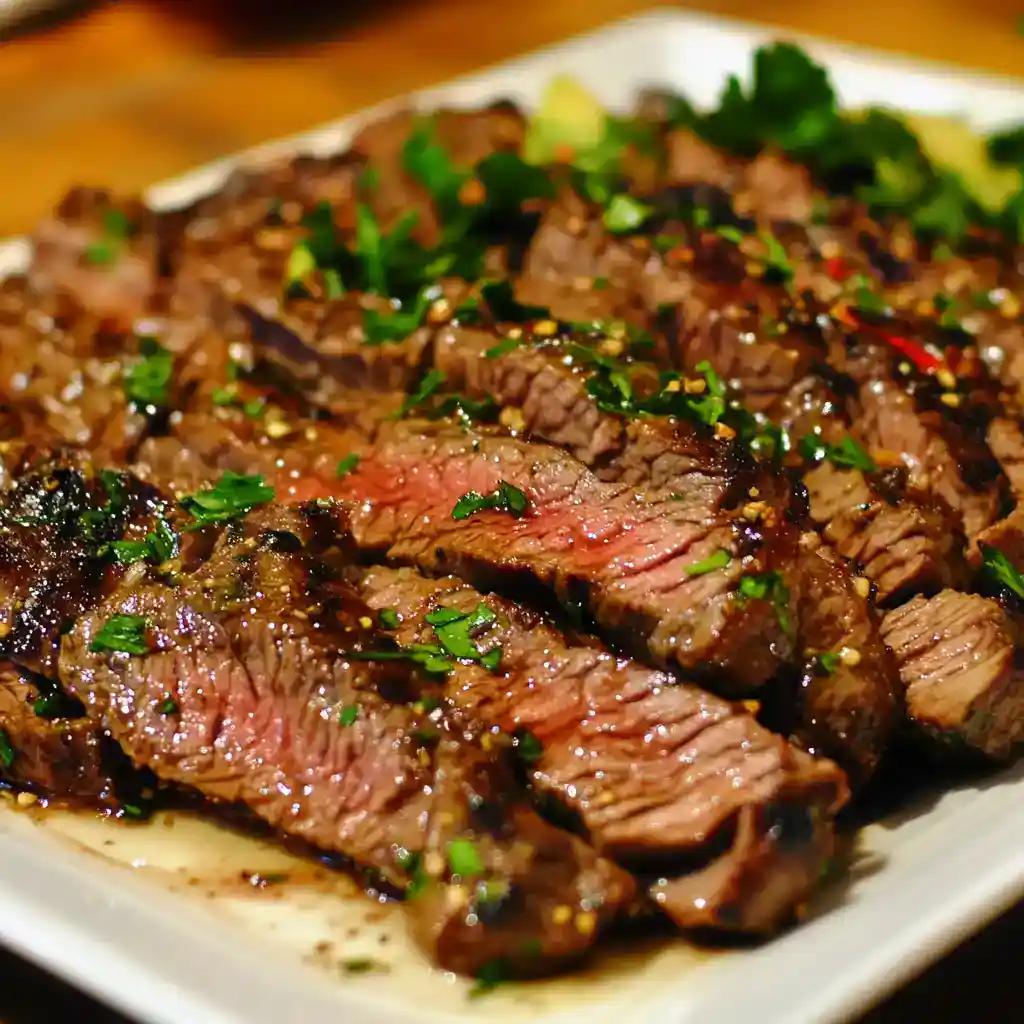 Juicy grilled beef steak topped with fresh herbs and savory sauce, served on a white plate. Perfect for a hearty and flavorful main dish, showcasing perfectly cooked, tender beef with appetizing garnishes.