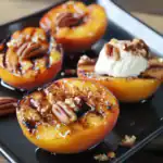 Delicious baked peaches topped with walnuts, drizzled with honey, and served with a scoop of vanilla ice cream for a perfect summer dessert.