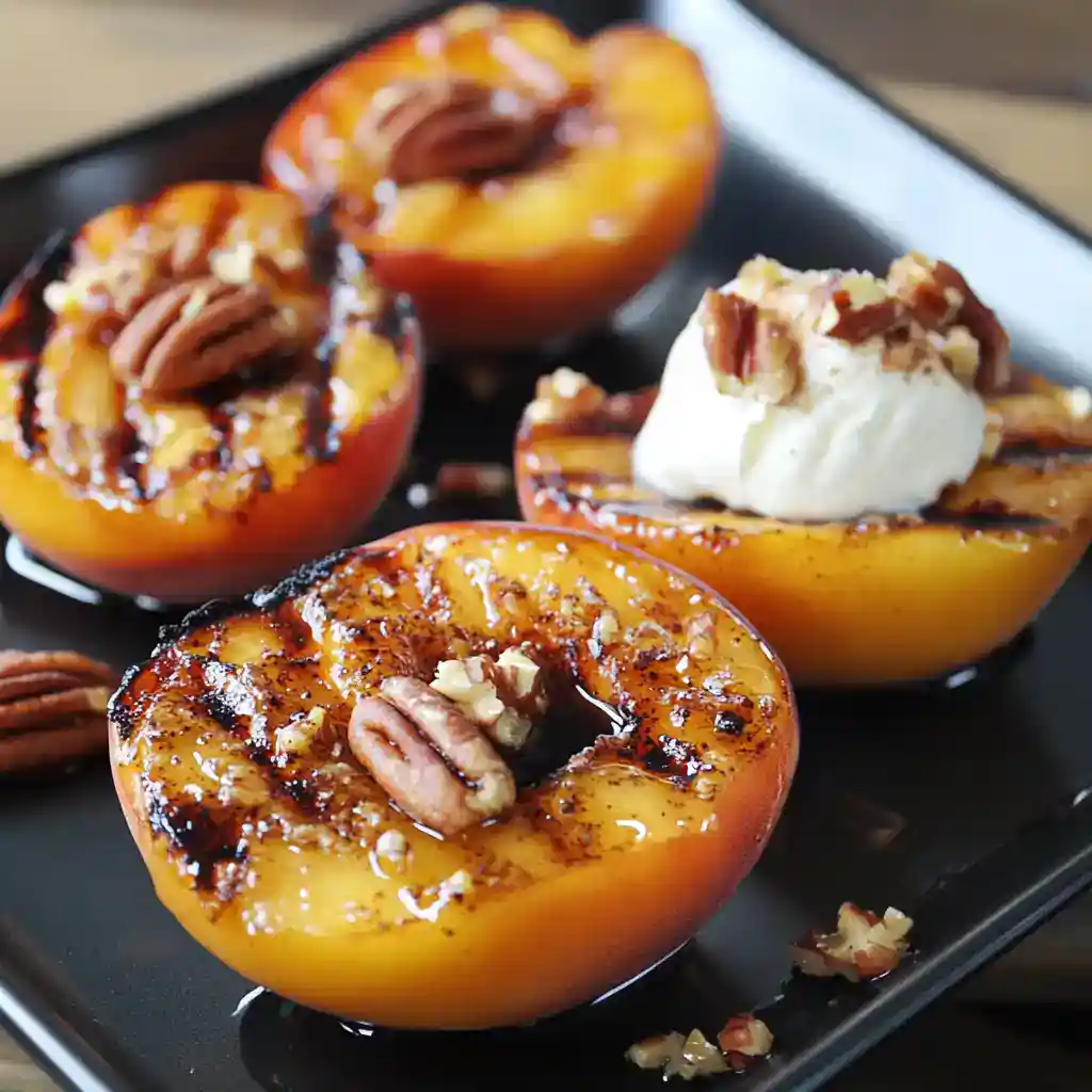 Delicious baked peaches topped with walnuts, drizzled with honey, and served with a scoop of vanilla ice cream for a perfect summer dessert.