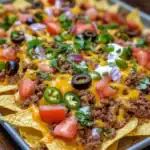 Bright, colorful chips topped with seasoned ground beef, melted cheddar cheese, fresh tomatoes, green onions, black olives, and cilantro. Perfect for gatherings or snacks, full of flavor.