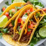 Delicious homemade ground beef tacos with fresh toppings, shredded cheese, lettuce, tomatoes, and lime wedges, served on a white plate for a flavorful meal.