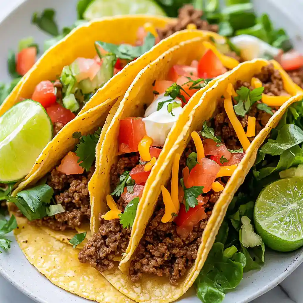 Delicious homemade ground beef tacos with fresh toppings, shredded cheese, lettuce, tomatoes, and lime wedges, served on a white plate for a flavorful meal.